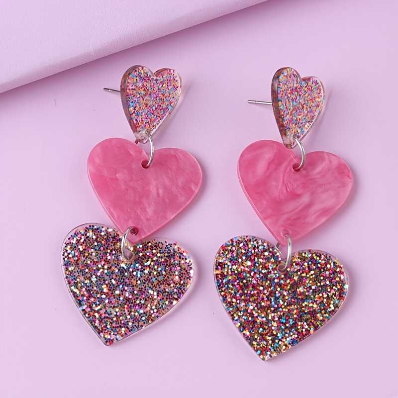 2pc Gradient Color Sparkling Heart Acrylic Drop Earrings for Women
